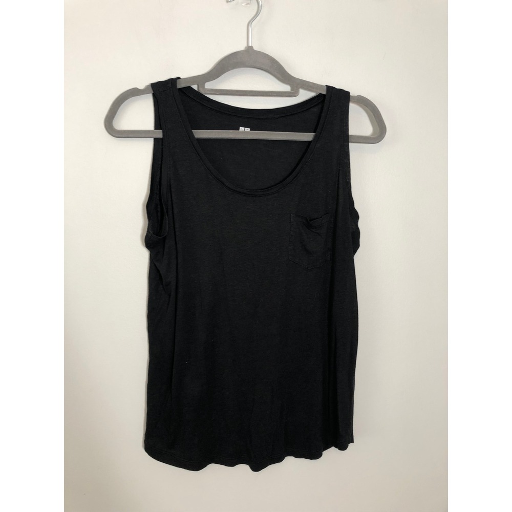 Uniqlo Tank Top Women L Black Modal Linen Blend Pocket Scoop Neck